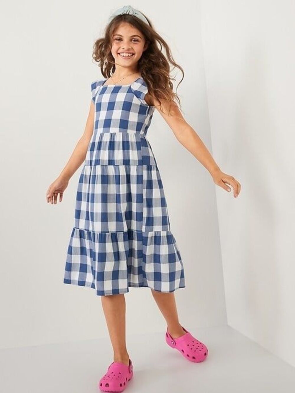 Old Navy Girls Sleeveless Navy Gingham Tiered Tie-Back All-Day Midi Dress M
